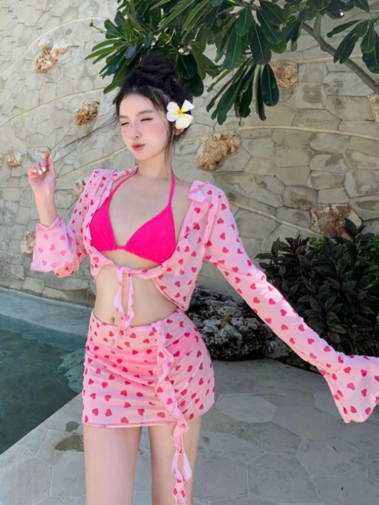 2024 Fresh Summer Bikini Women's Pink Four-Piece Split Strappy Swimwear And Cover Up Bandage Long Sleeve Batning Suit With Pareo