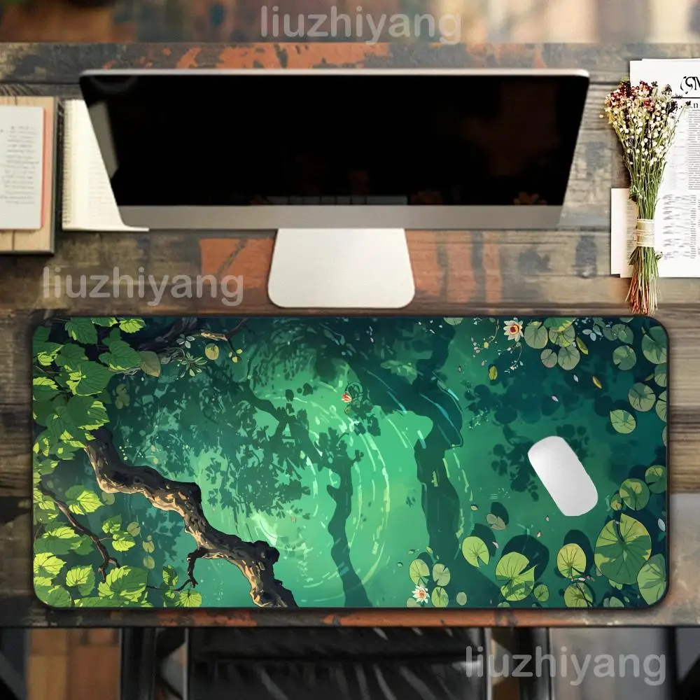 Lotus lagoa verde mouse pad grande computador escritório jogo tapete de mesa xxl borracha antiderrapante bordas costuradas teclado tapetes de mesa longos