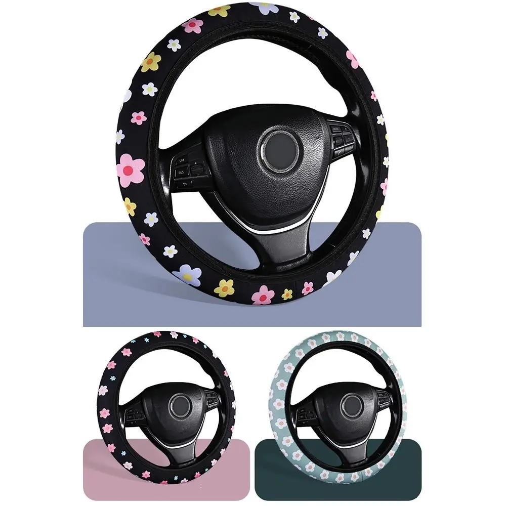 Flower Printed Steering Wheel Cover Car Interior Decor Auto Accessories Car Cover Non-slip Car Seatbelt Strap Covers For Car