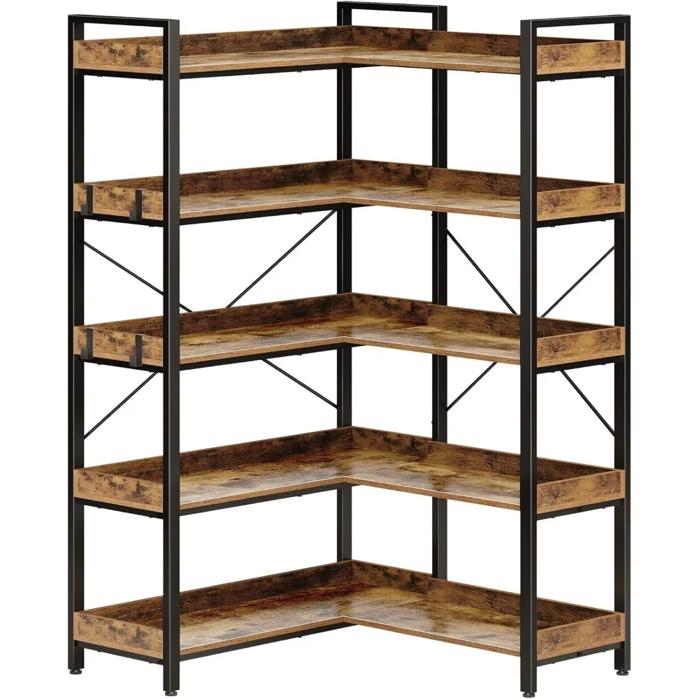 Reversible Corner Bookshelf, Wooden Bookcase with Open Shelves and Metal Frame for Living Room, Bedroom, Home Office,