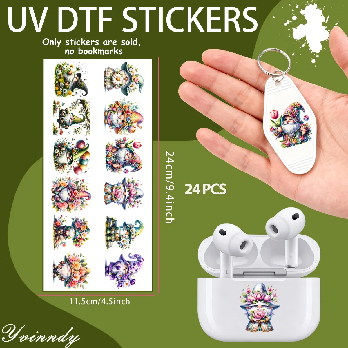 24Pcs/Set Spring Flower Dwarf DIY Motel Keychain UV DTF Transfer Sticker For Key Chain Personal Accessories