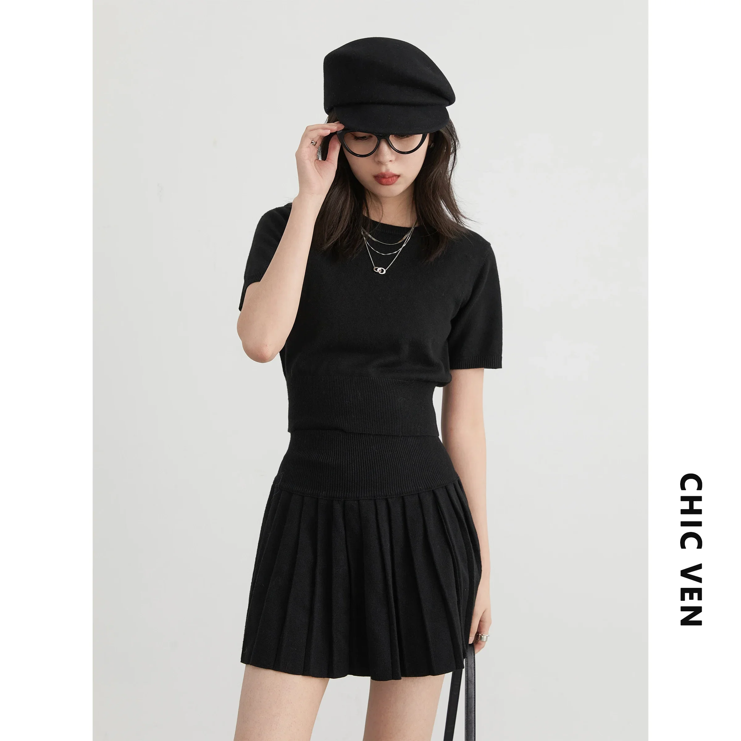 CHIC VEN Women Skirt Sets Solid Knitted Cardigan Short Sleeved Top Female Pleated Skirt Three Piece Optional Spring Autumn 2024