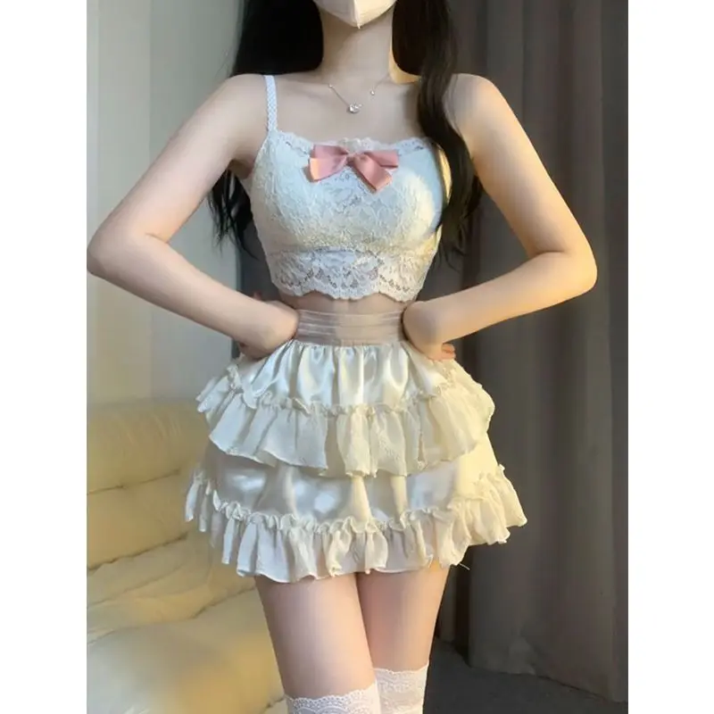 2024 Summer Women Bow Lace Sweet Sexy Y2K Crop Tank Tops Female Solid Slim Coats Kawaii Ruffles High Waist Fairy Mini Skirt Sets