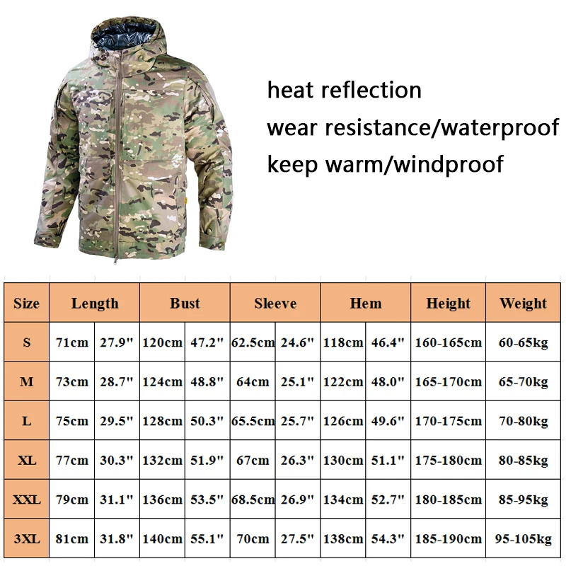 HAN WILD Outdoor Hiking Jacket Men Winter Heat Reflective Jacket Hooded Windproof Combat Jackets Tactical Coats Waterproof