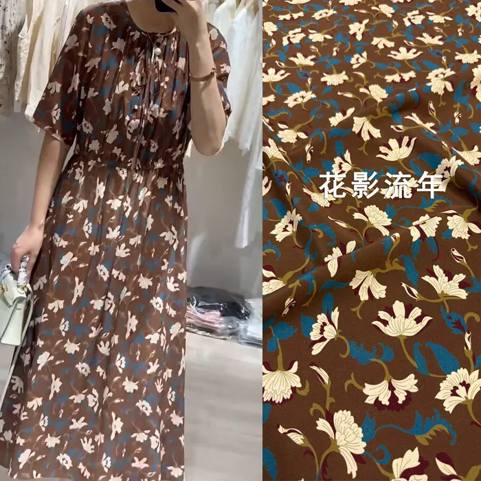 Vintage Brown French Ditsy Floral Print Silk Stretch Crepe De Chine Fabric Mulberry Silk Material For Dresses