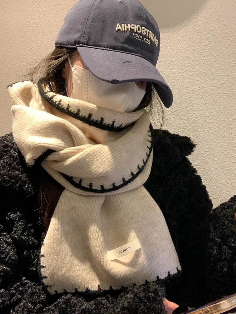 Korean Style Wool Blend Knitted Scarf Women's Winter New Fashion Warm Neck Protection Scarf Thickened  Design Casual Wear