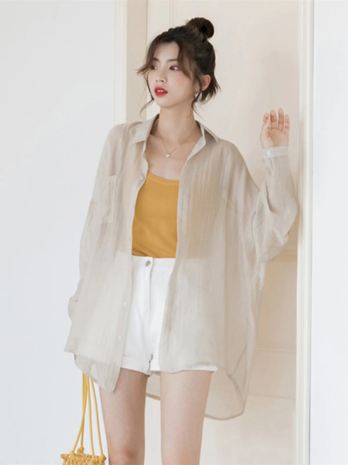 

Ultra-Fairy Thin Sun Protection Outerwear Summer Loose Slimming Chiffon Top Women's Fashion Korean Style Button Decorated 3D ...