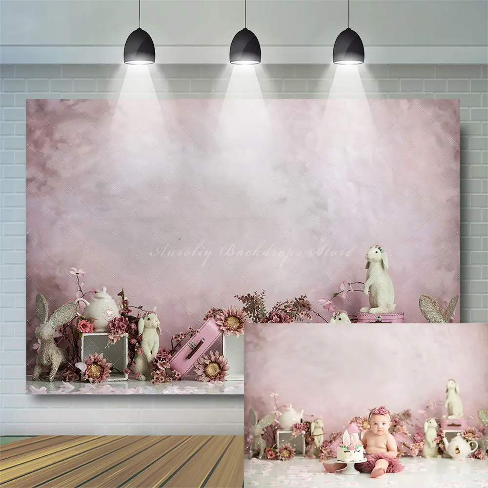 Sweet Bunny Pink Photography Backdrop Spring Floral Kids Cake Smash Photocall Decors Tea Party Theme Birthday Photo Props