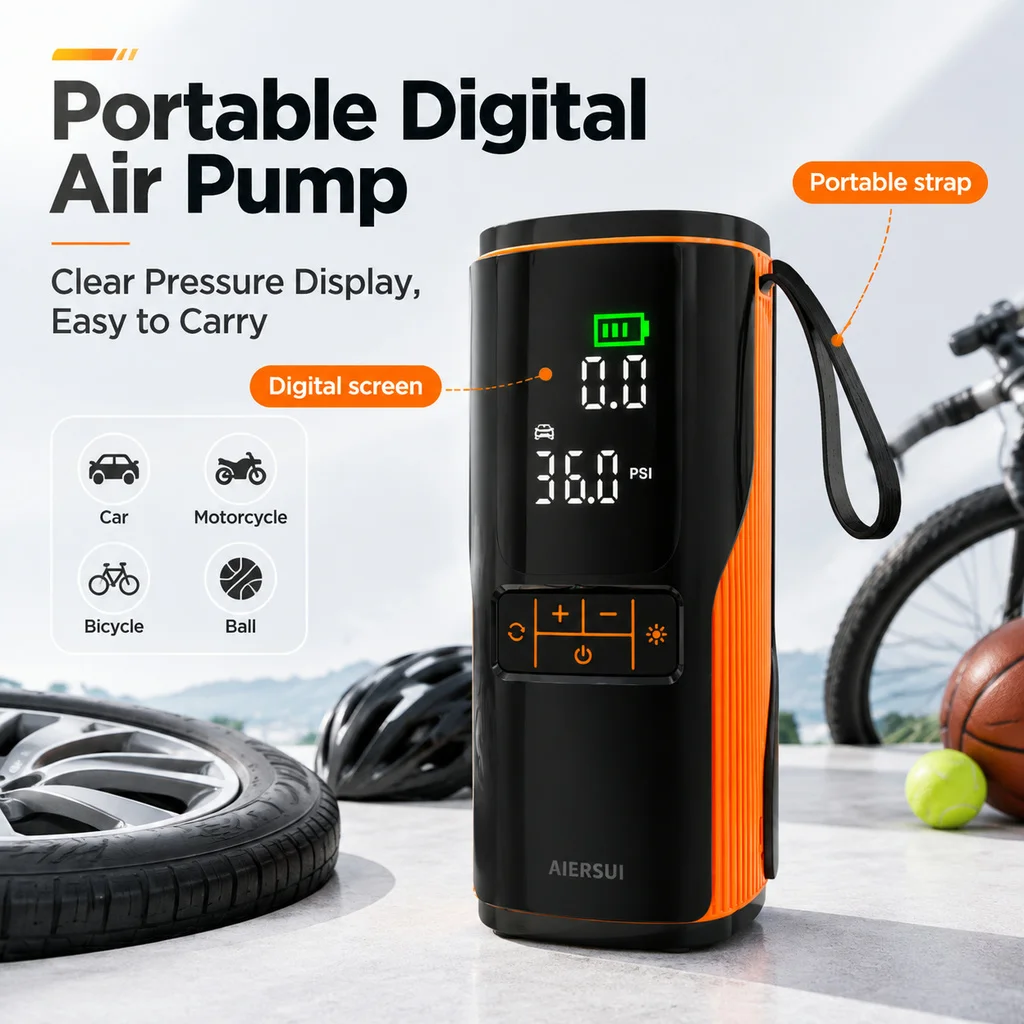 Inflador de Pneus Sem Fio, Compressor de Ar Portátil para Carro, Bicicleta, Moto e Bola, Bomba Elétrica 150PSI com Predefinição Inteligente e Display LED