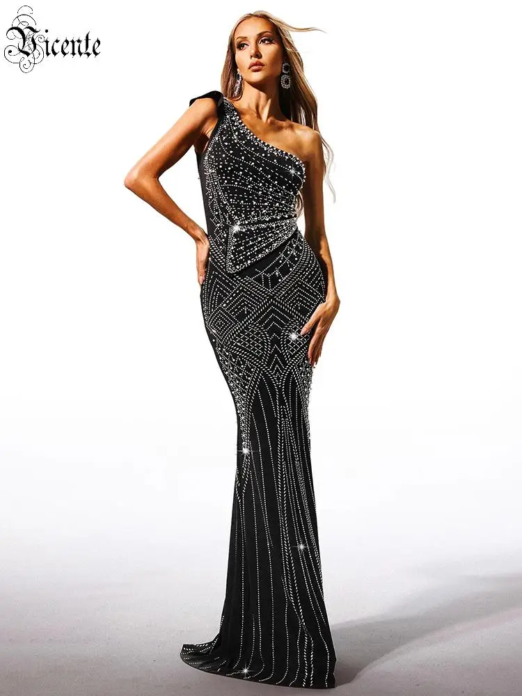 

VC модное сексуальное черное платье русалки на одно плечо с жемчугом и кристаллами, вечернее платье для выпускного вечера