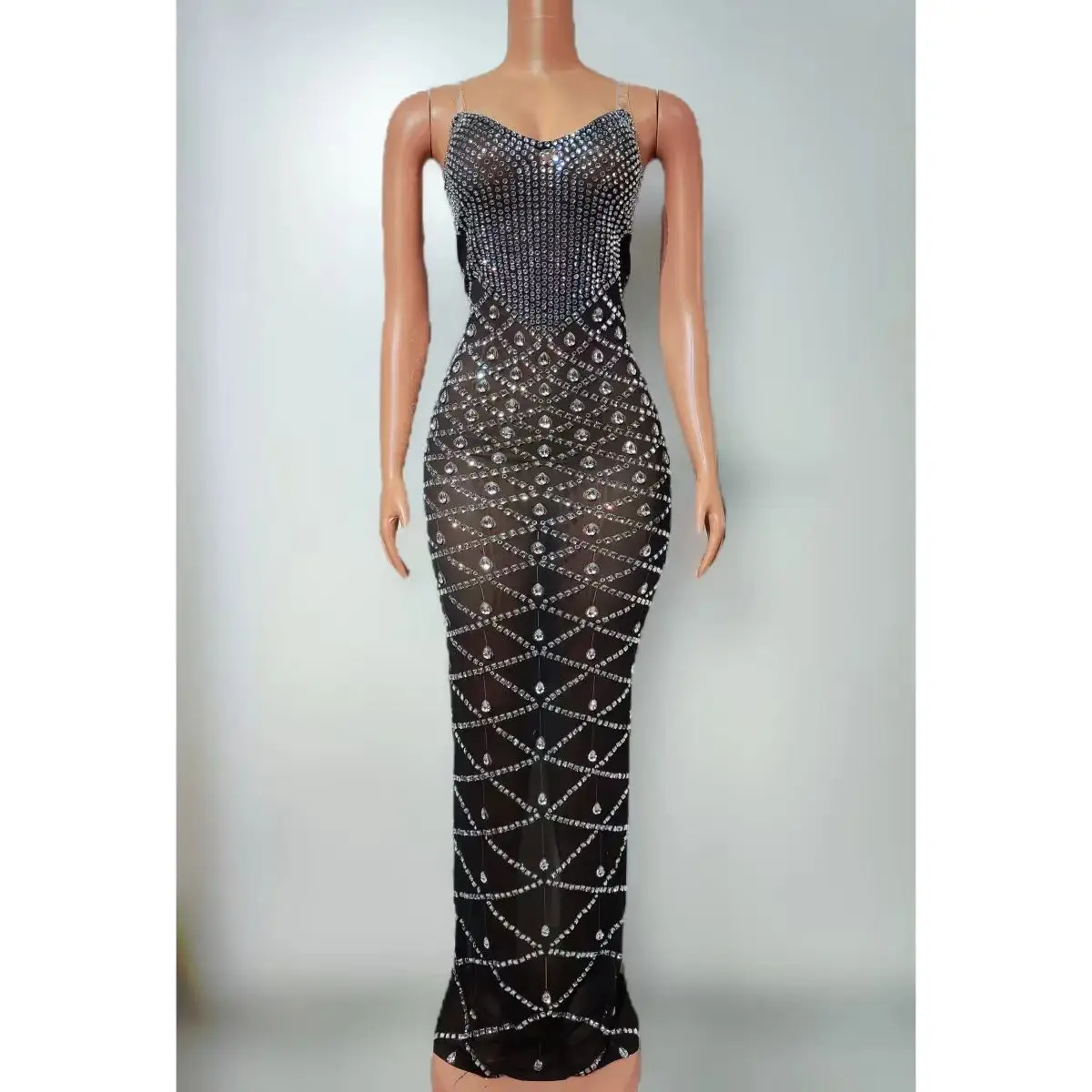 

Sexy Perspective Mesh Full Diamond Strap Skirt Nightclub DJ Bar Female Singer Dance Team Performance Clothing Party Theme Show