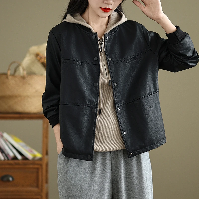 

Женский топ из искусственной кожи премиум-класса коричневого цвета, повседневный топ с бейсбольным воротником для похудения на осень-зиму, поездка на работу Faion