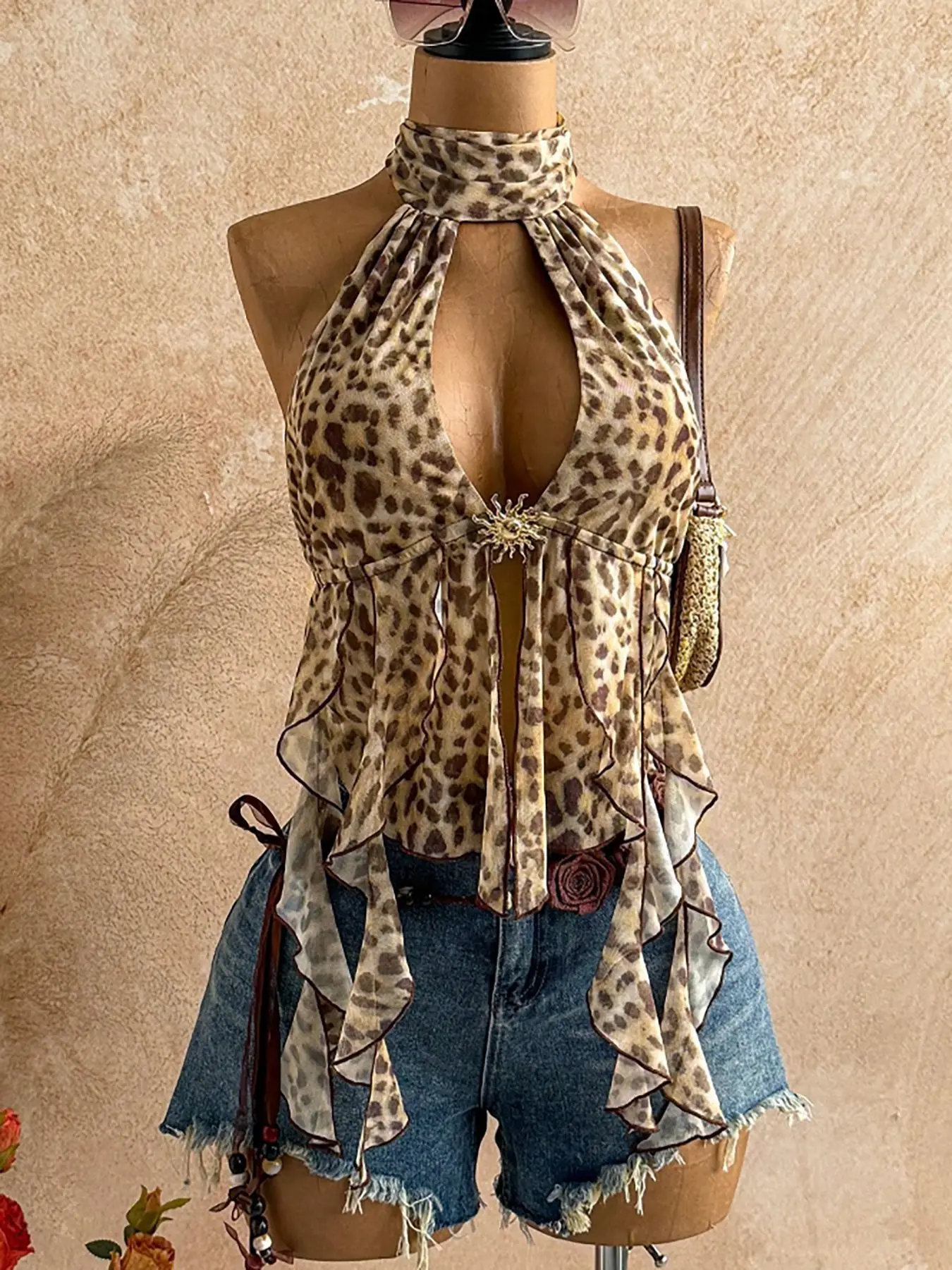 Retro Fashion Vest Sexy Summer Leopard Print Hot Girl Street Style Halter Neck Suspender Straps Ruffled Sleeveless Backless Tops