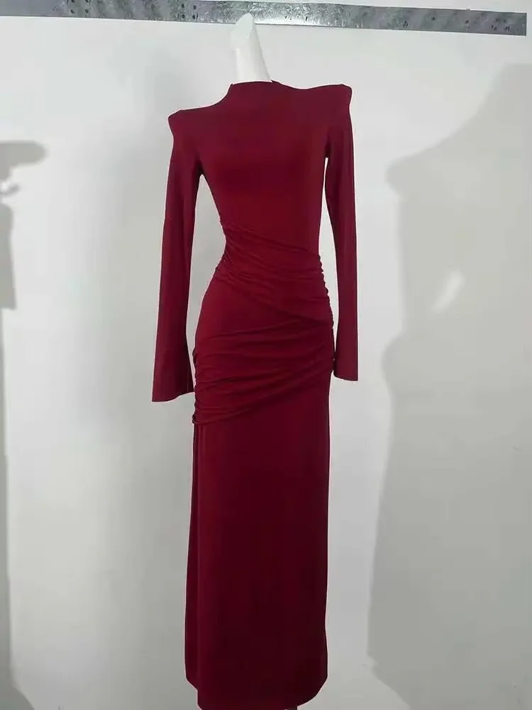 High neck long sleeve fitted maxi dress. Clean cut outlines body curves with minimalist design. Custom sizes available, soft dra
