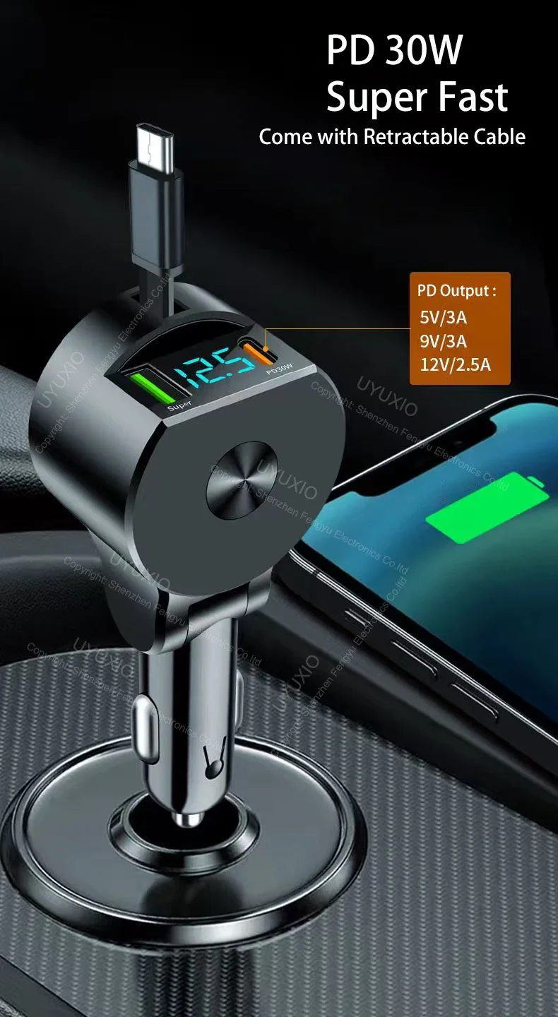 USB C Car Charger 65W Super Fast Charge with Voltage Display PD 30W Retractable Type C Cable for iPhone 16 Pro Max 15 Samsung