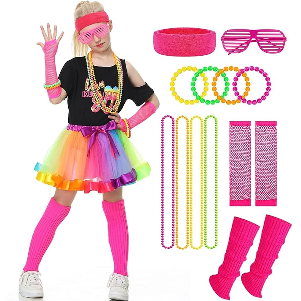 Disfraz de los años 80 para niñas, camiseta, falda tutú arcoíris, accesorios de neón, gafas, disfraz de discoteca para fiesta temática de Halloween o carnaval