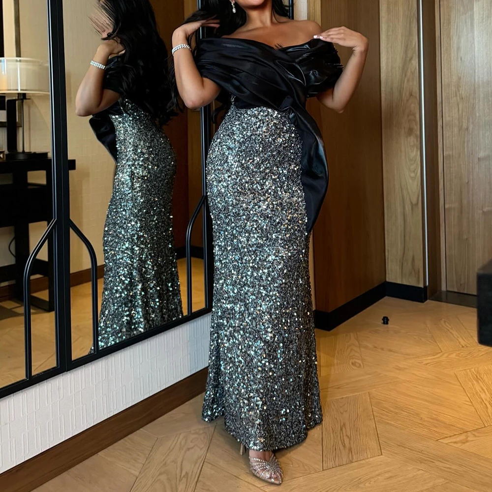 

Customized High Quality Beading Pleat Boat Neck Ankle Length Straight Prom Gowns Satin Off the Shoulder Zipper Back Vestido De F