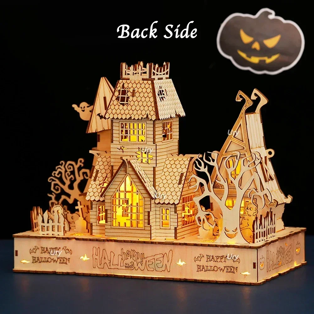 URY-rompecabezas de madera 3D para niños, casa encantada de Halloween, luz de árbol fantasma, modelo DIY, Kits de manualidades, juguetes de decoración de escritorio, regalo para niños, nuevo