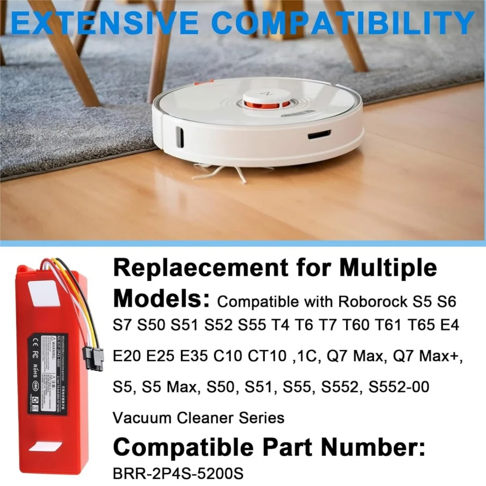بطارية عالية السعة 9800 مللي أمبير في الساعة للمكنسة الكهربائية الروبوتية Xiaomi Roborock S50 T65، جزء بديل طويل الأمد BRR-2P4S-5200S