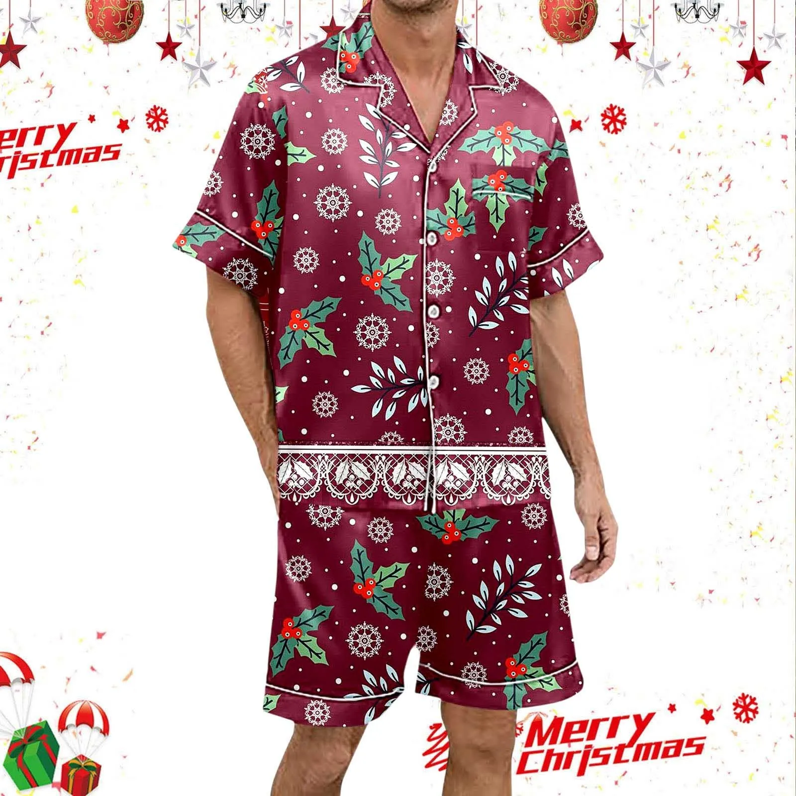 Men\'s Pajamas Lounge Set Christmas Print Silk Satin Sleepwear Button Down Short Sleeve Top & Shorts Pyjama Xmas Home Clothing