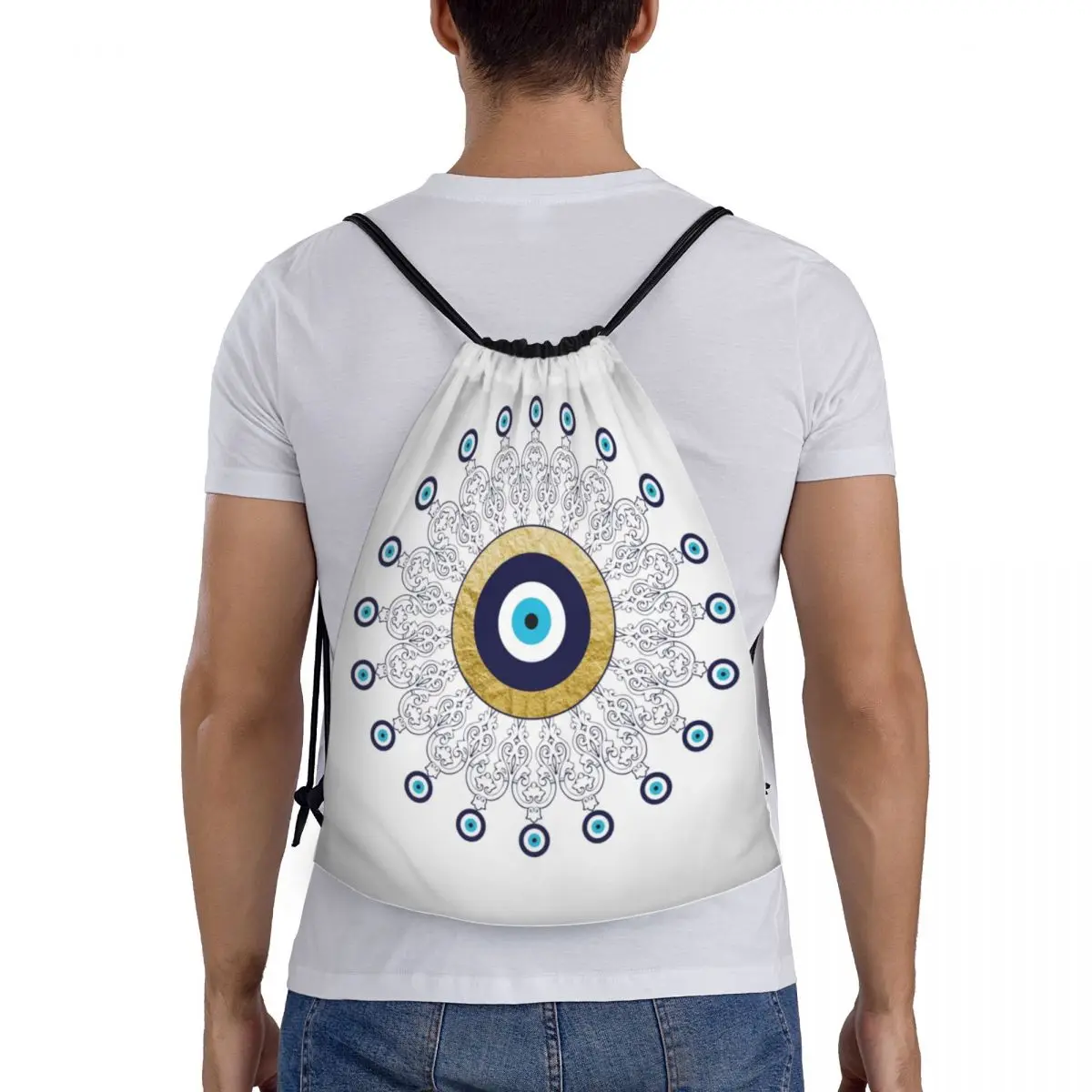 Mal de ojo Mandala en dorado y azul con cordón mochila bolsas ligeras amuleto de la suerte amuleto gimnasio Sport Sackpack sacos para viajar