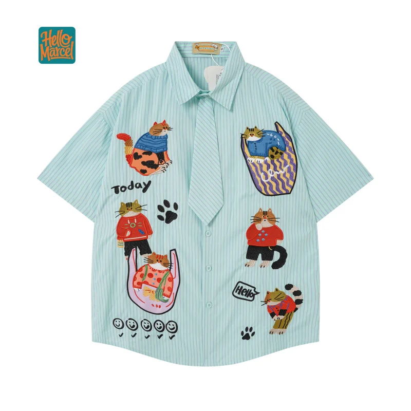 HELLOMARCEL EU US Size Luxury Quality Casual Shirt Street Wear retro cute cartoon cat embroidery oversize stripe shirt