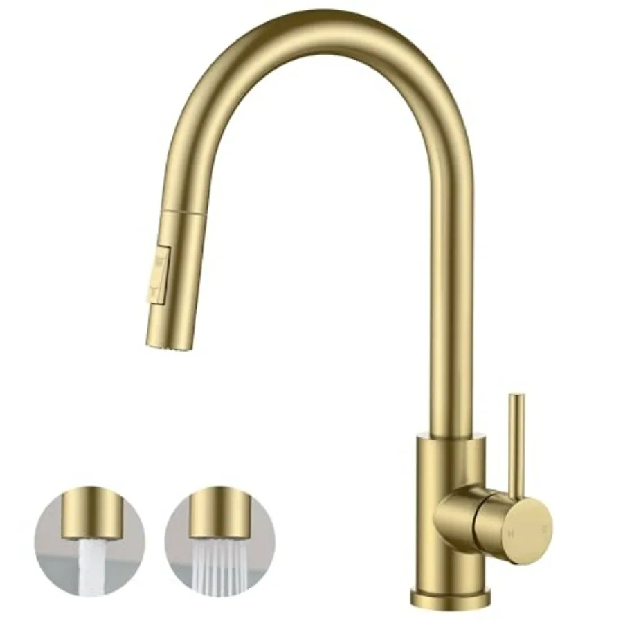 

Gold Kitchen Faucet with Pull Down Sprayer Classic Single Hole Kitchen Sink Faucet with Deck Plate Single Handle High Arc Stain