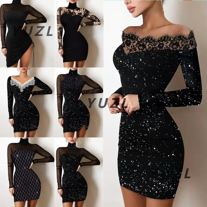 11 # ملابس نسائية أوروبية وأمريكية ضيقة فضي ساخن كلمة واحدة كتف الورك فستان أسود فستان سهرة جديد 2025
