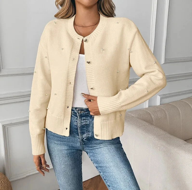 

Новый романтический сладкий стиль, украшенный жемчугом, однотонный свитер на пуговицах для женщин