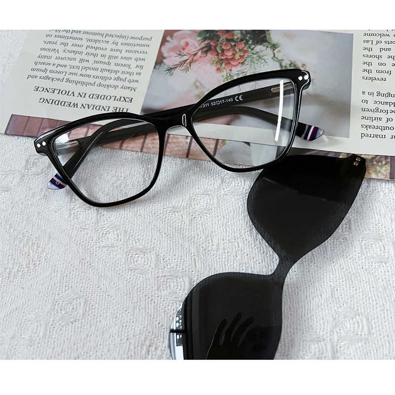 Ceofy Women Acetate Cat Eye Glasses Frame Polarized Sunglasses Brand Design Optical Prescription Glasses Women Frame Sun Clip