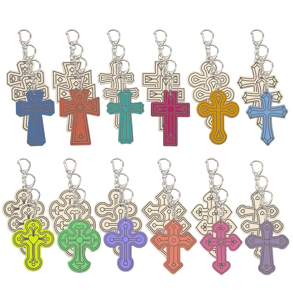

36Pcs 12 Styles Unfinished Wood Keychain with Iron Findings Platinum White 70x48~58x2mm 3pcs/style
