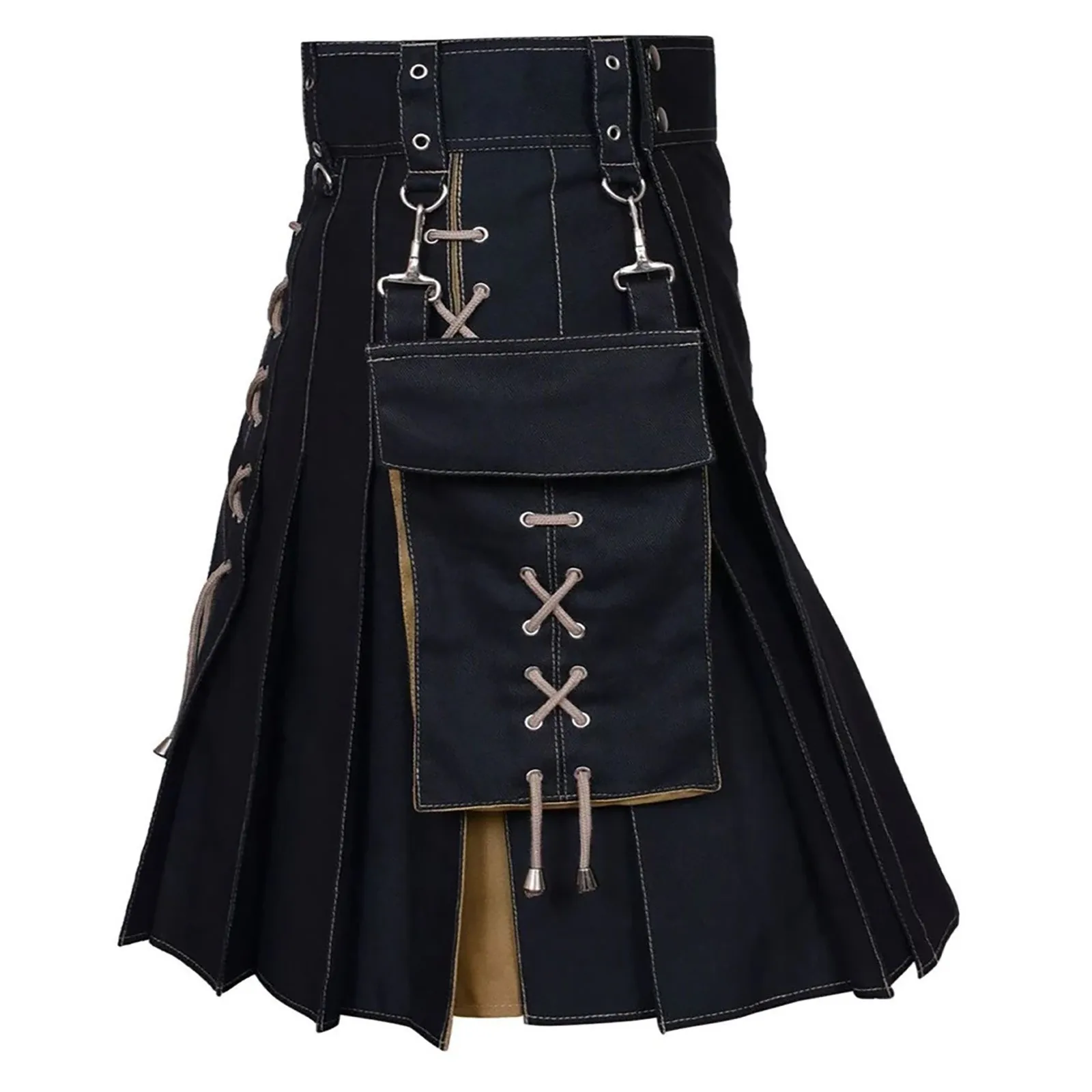 Fashion Pleated Skirt Scottish Holiday Skirt Medieval Knife Pleat Design Two Flap Pockets Snap Securing Strap Kilt Men Philabeg