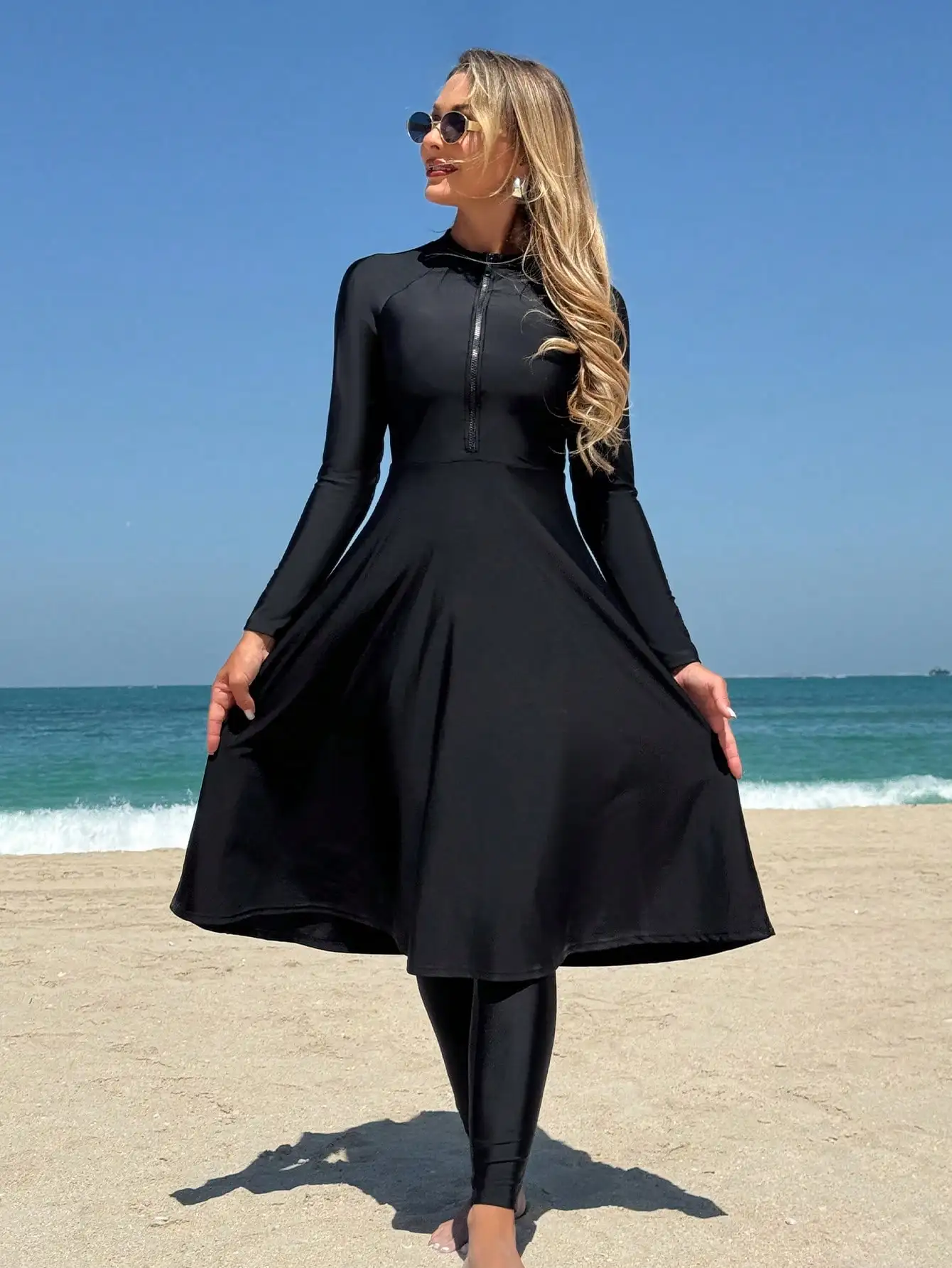 Elegant Black Women's Flesh-Covering Slimming Zipper Long-Sleeved Dress Pants Seaside Sun Protection Swimsuit Beach Suit