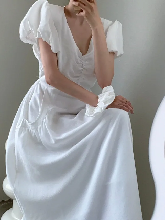 Vestido largo e con cuello en V y manga de burbuja para mujer, vestido de verano de manga corta con estilo e a ...