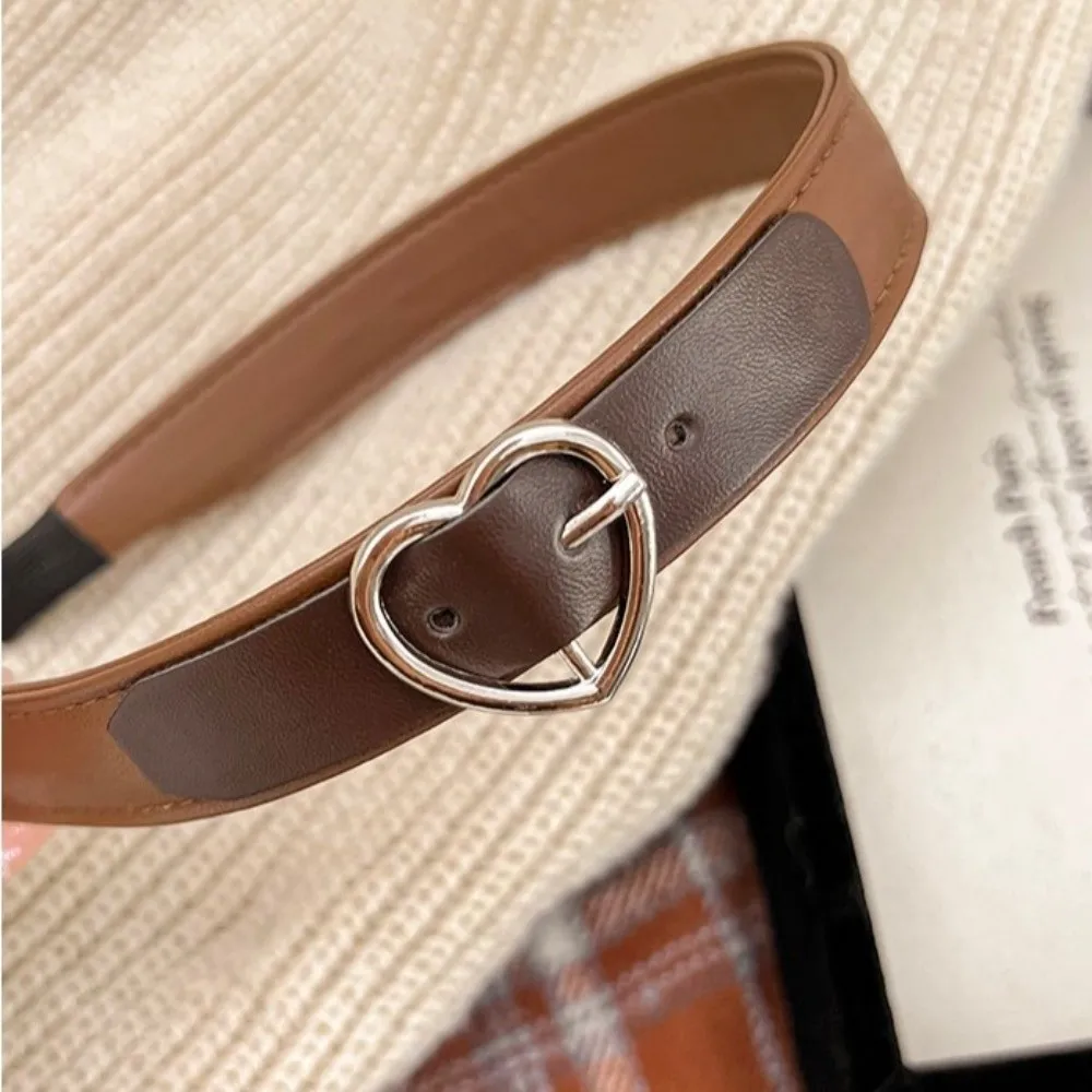 Fashion Leather Headband Coffee Brown Heart-Shaped Buckle Hairband Hair Accessories Wide Brim Hair Hoop