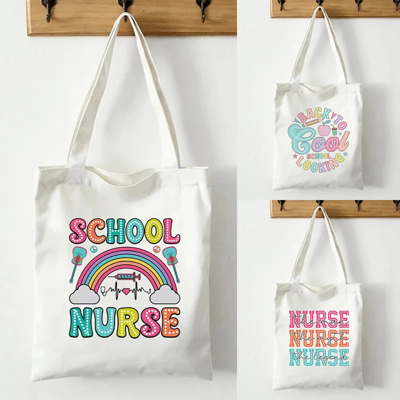 

Back To School Nurses Theme Print Canvas Tote Bag Organizer Eco-friendly Shopping Bag Large Capacity Travel White Shoulder Bags