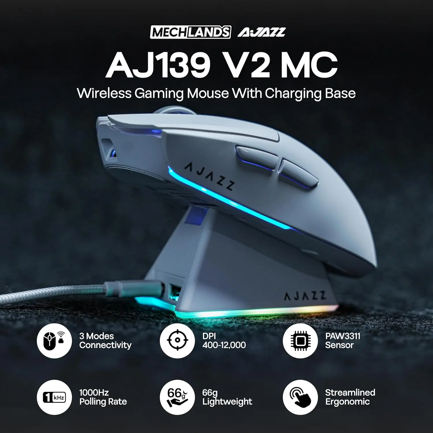 AJAZZ AJ139 V2 MC Gaming-Maus mit magnetischer PAW3311 kabelloser RGB-Ladestation, 24000 DPI Bluetooth/kabelgebundene Mäuse für PC-Gamer