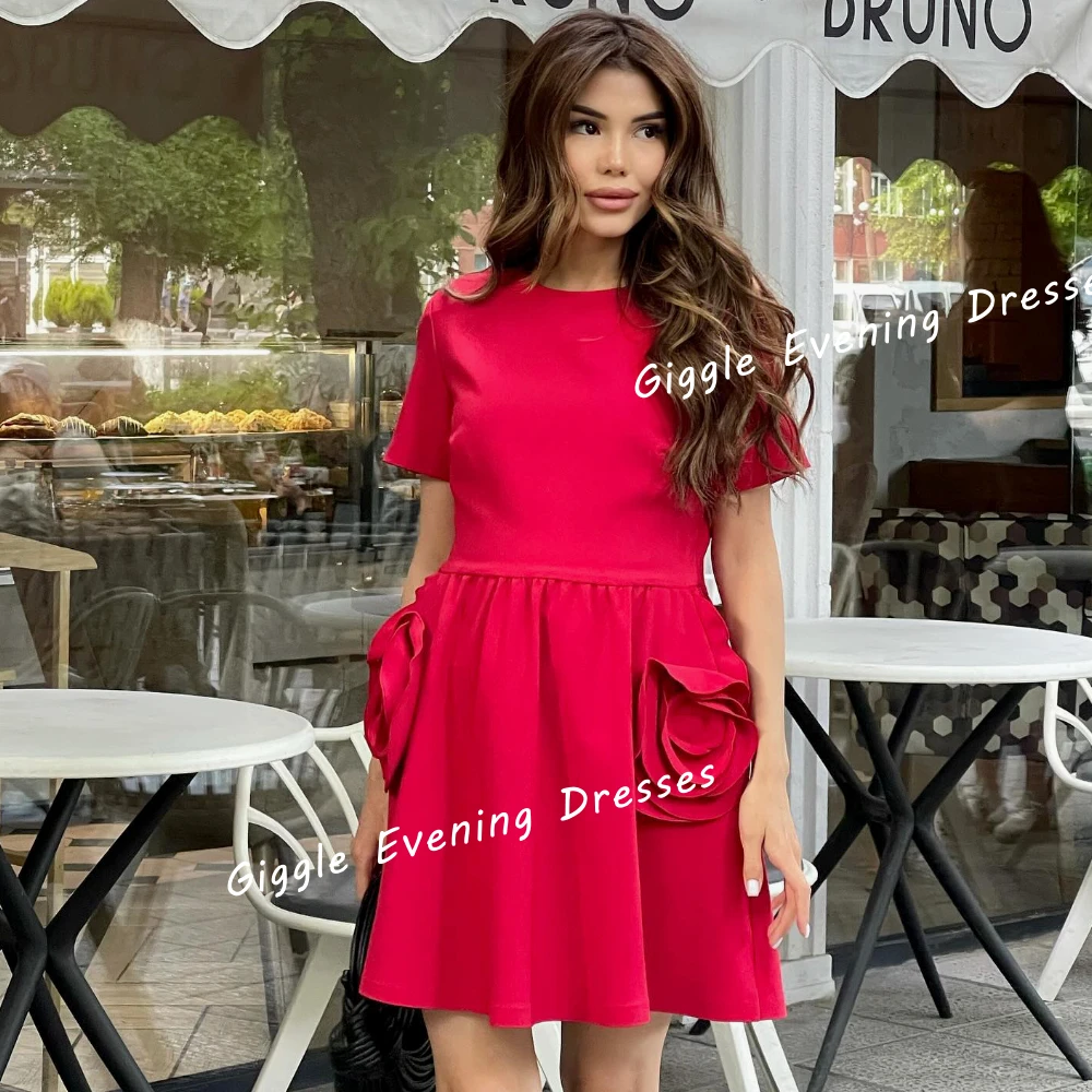 

O-Neck Crepe Flowers Draped Pretty Prom Gown Saudi Arab Summer A-Line Knee-Length Chic And Elegant Evening Dress For Women 2024