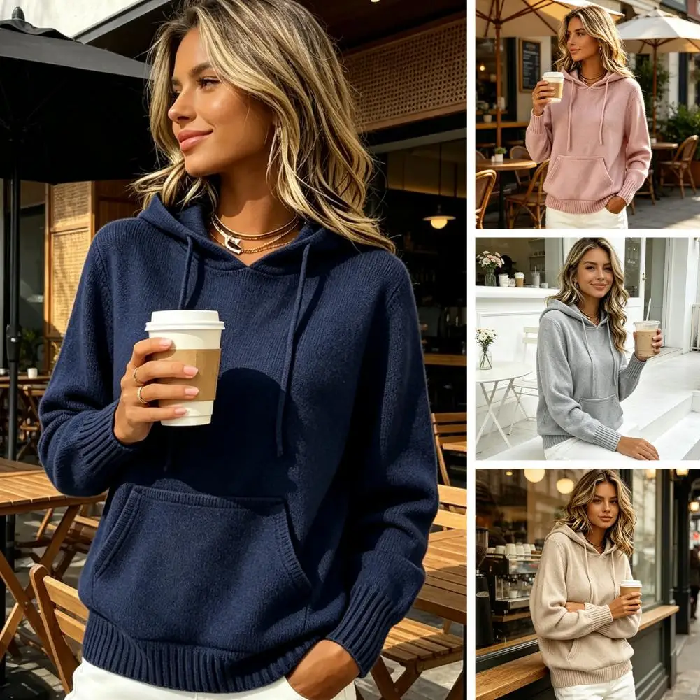 Cozy Autumn Outerwear Women Knit Hoodie Pullover Sweater Long Sleeve Hooded Top with Front Pocket Fall Winter Solid Color