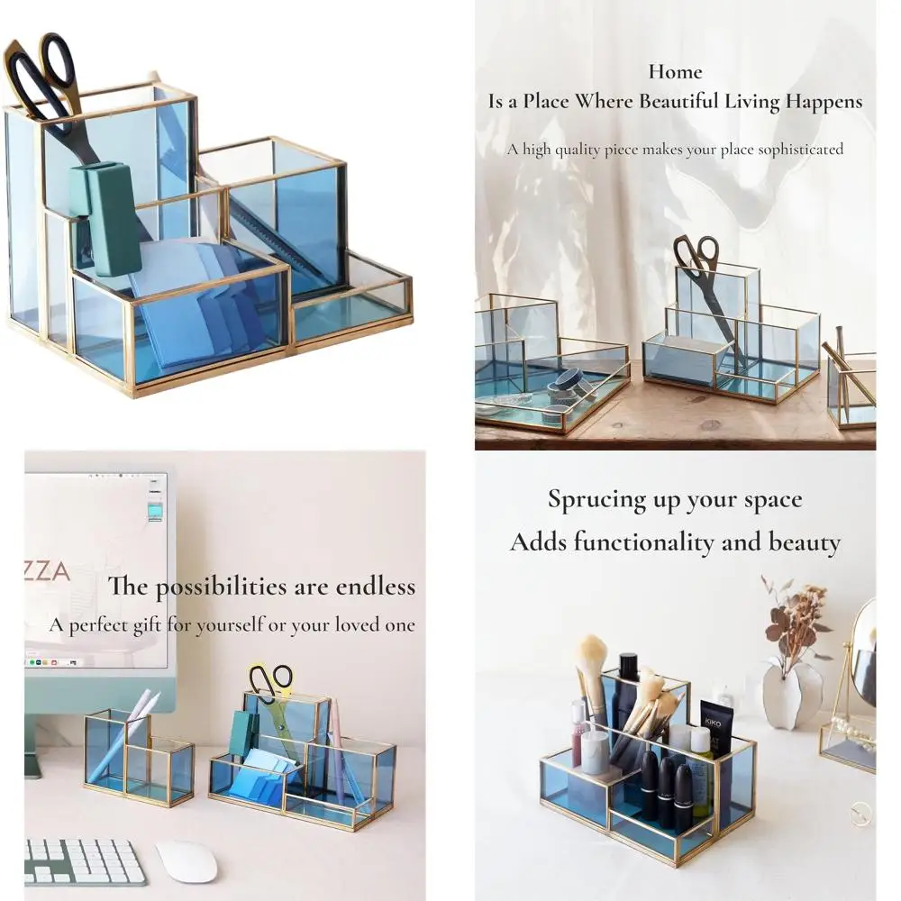 

Gold Brass & Blue Glass 5-Section Desk Organizer for Office & Home, Ideal for Stationery, Cosmetics, Makeup Tools
