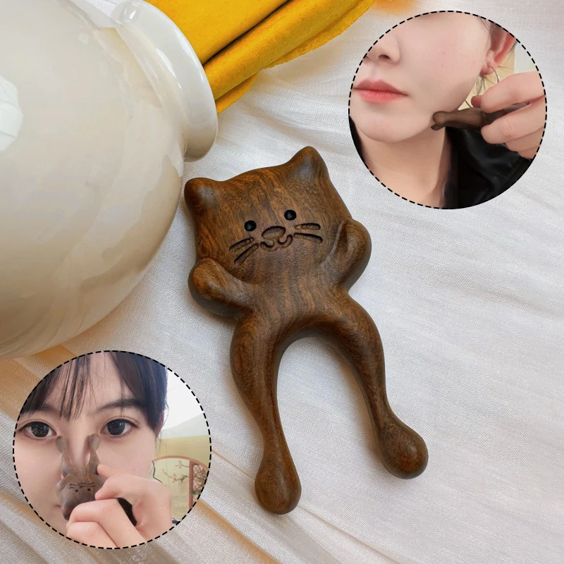 Sandalwood Nose Massage Comb Cute Cat Facial Lifting Meridian Massager For Eyes Ear Neck Point Gua Sha Board