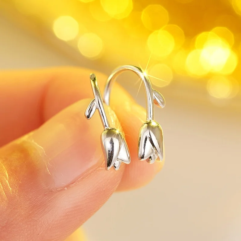 Huitan الحلو زهرة التوليب إسقاط أقراط 925 فضة لامعة رومانسية الحب اكسسوارات رائع مجوهرات الزفاف للنساء #6