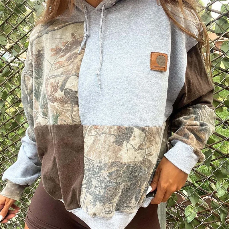 Women's Fashion Loose Long Sleeved Hooded Drawstring Pocket Hoodie Patchwork Print Top Hoodies Autumn Winter Casual Sweatshirt