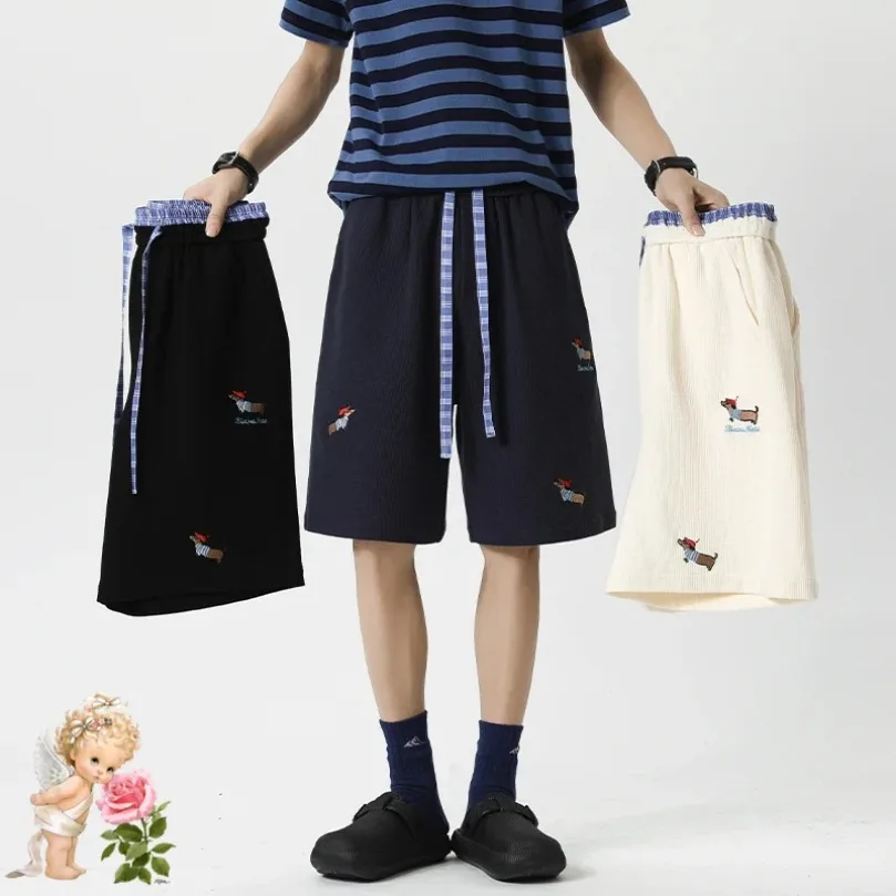 

Черные, бежевые, темно-синие клетчатые шорты на шнурке с вышивкой собаки, лоскутные шорты для мужчин и женщин