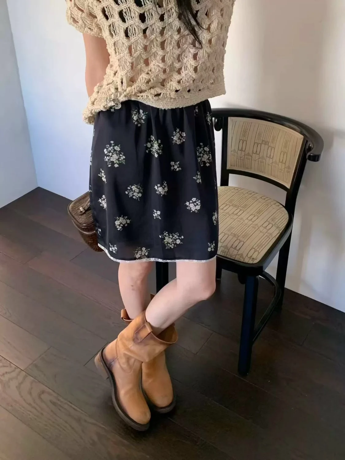 Summer 2026 New Style Women's Copy Flower Lace Trim  Skirt Elastic Waist Floral Print Gingham Checkered Polyester Fiber
