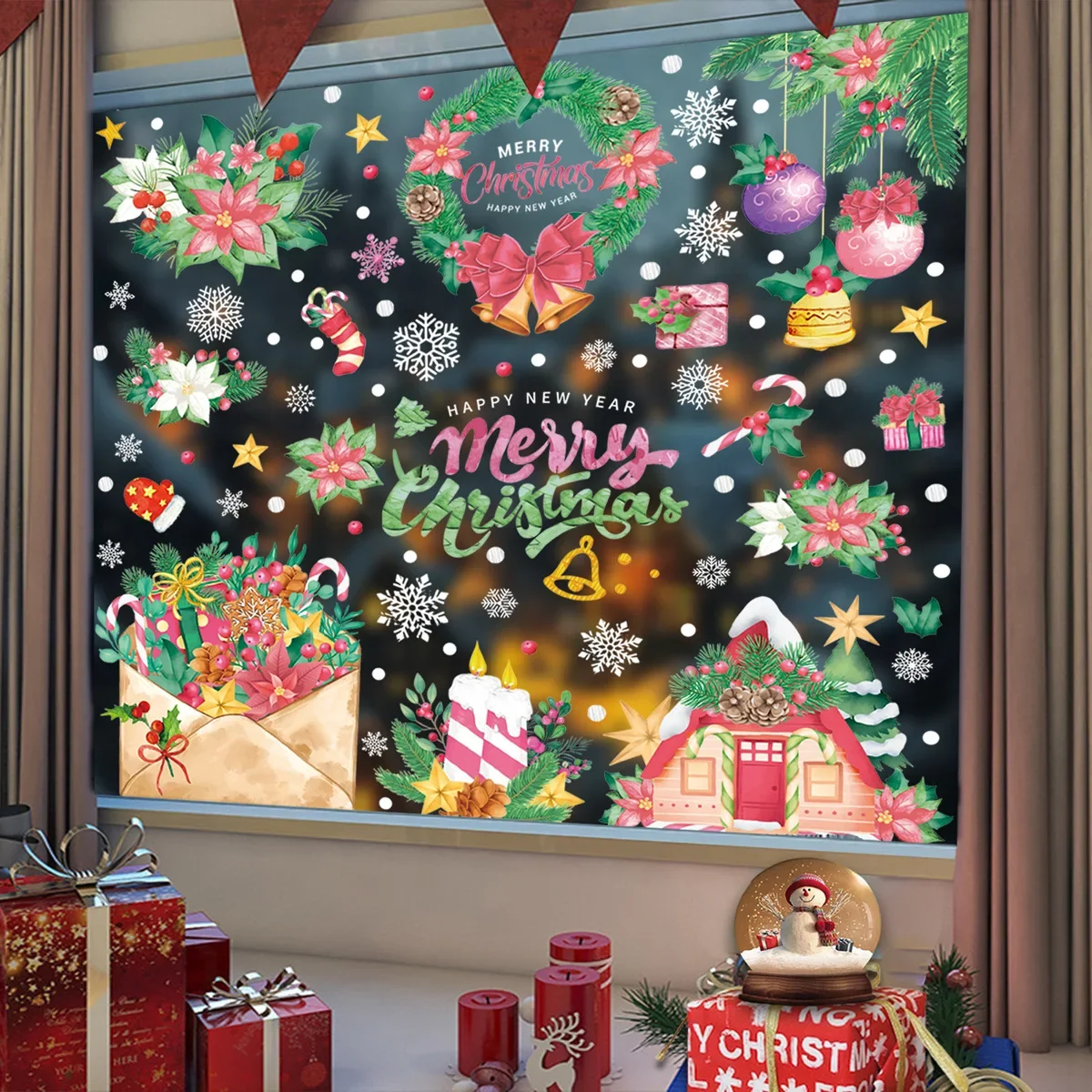 Christmas Window Stickers Pink Santa Claus Xmas Tree Reindeer Gingerbread Man Glass Wall Stickers Merry Christmas Happy New Year