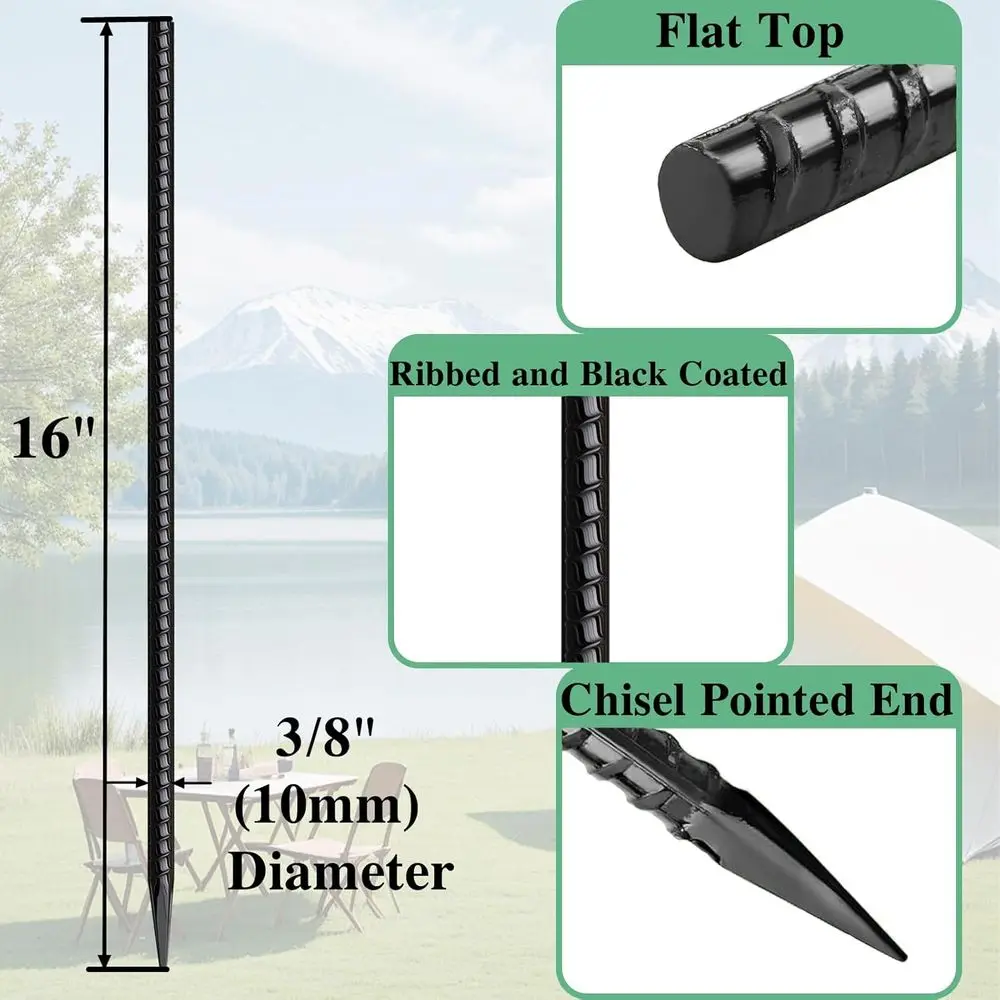 16 Inch Heavy-Duty Ground Anchors with Chisel Points - 30 Pack, Thick Steel Tent Stakes for Camping, Gardening, and Plant Suppor