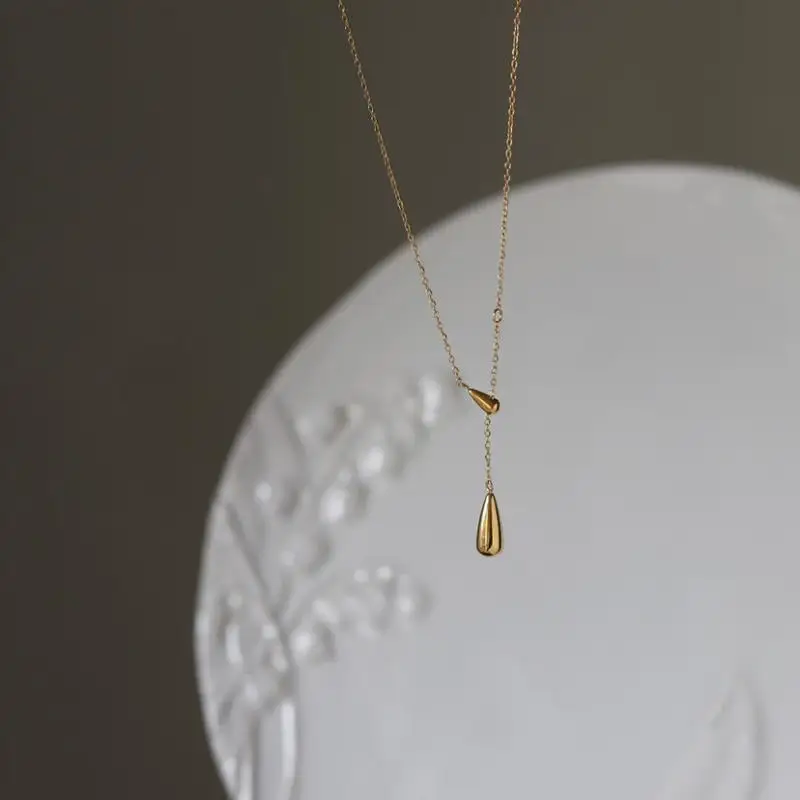 Vintage Water Drop Lariat Necklace Y-Shaped Waterproof Stainless Steel Pendant for Women Office Date Wear Jewelry Gift