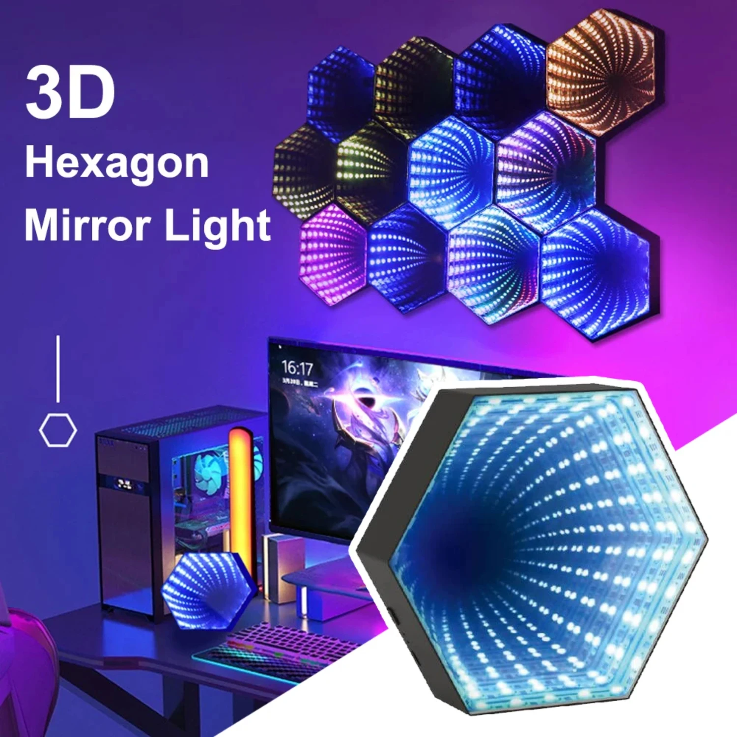 Ambient Night Light Smart APP Control 3D Hexagonal Mirror Tunnel Lamps Music Rhythm Pickup Lights   Game Room Decoration