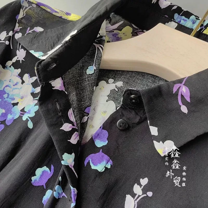 L'abito camicia a maniche lunghe slim fit con risvolto stampato retrò europeo, americano e spagnolo scende una vestibilità snellente e ampia per le donne